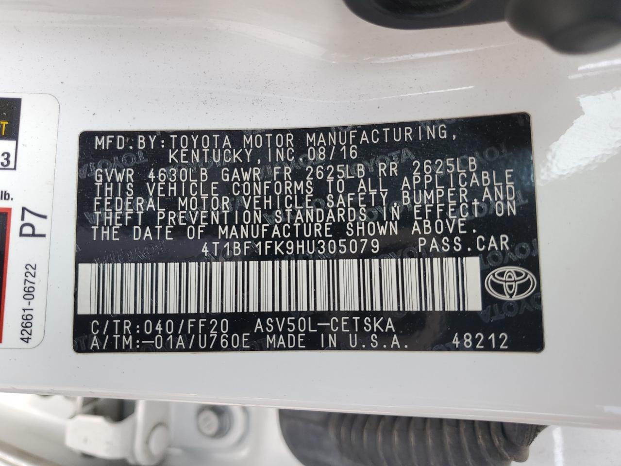 4T1BF1FK9HU305079 TOYOTA CAMRY 2017
