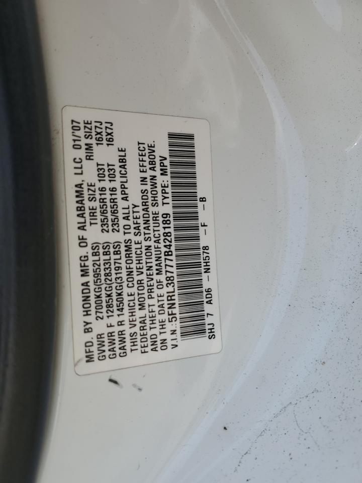 5FNRL38777B428189 2007 Honda Odyssey Exl