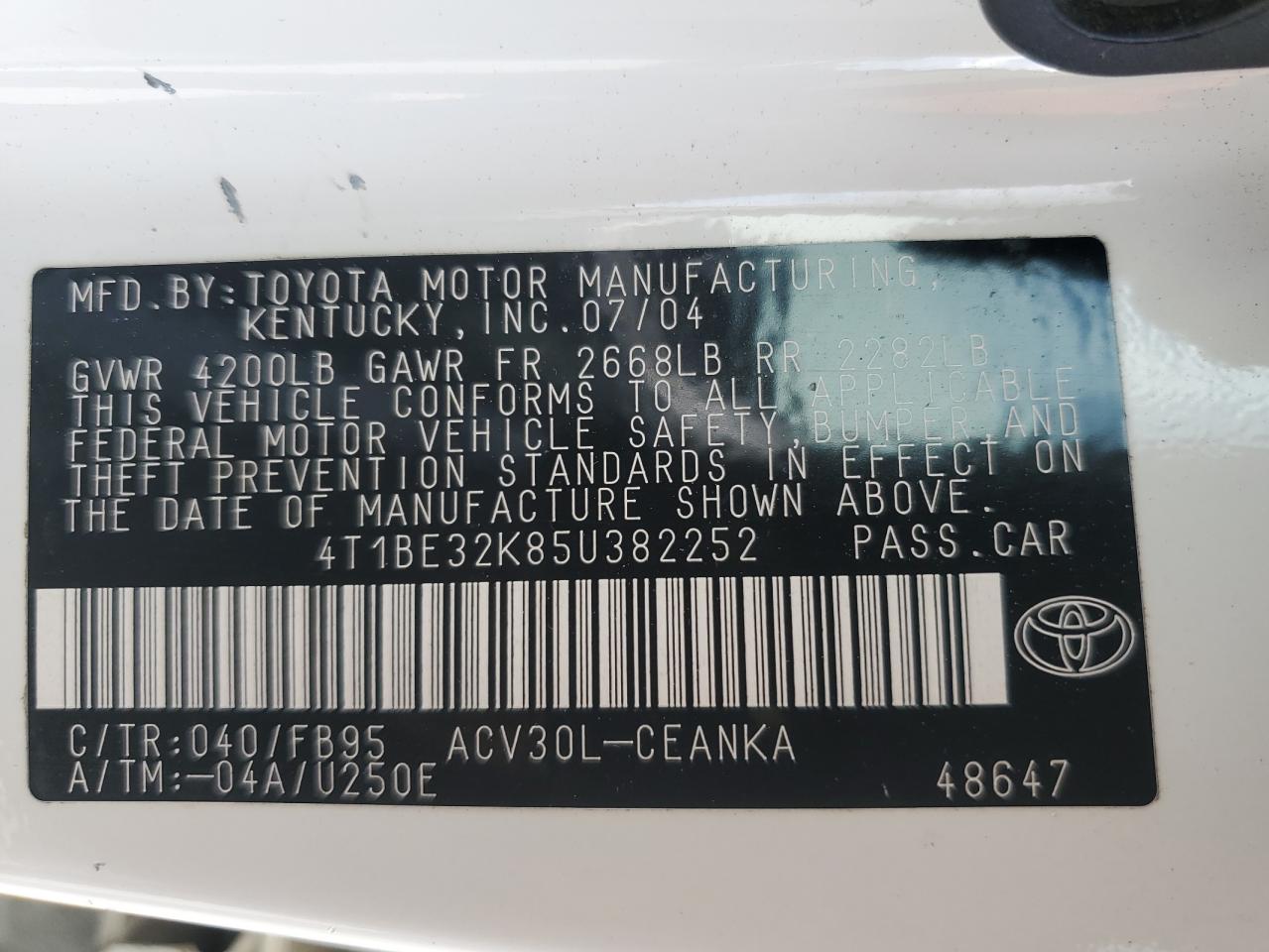 4T1BE32K85U382252 2005 Toyota Camry Le