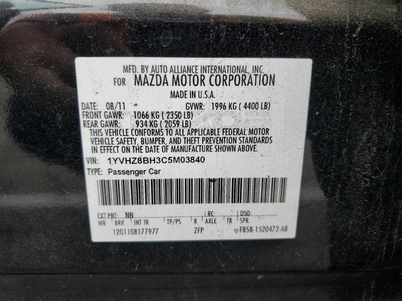 1YVHZ8BH3C5M03840 2012 Mazda 6 I