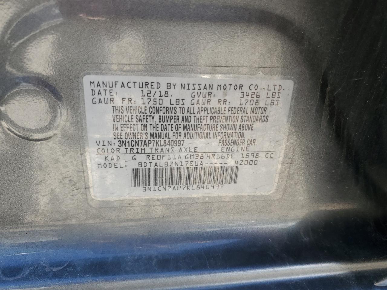 3N1CN7AP7KL840997 NISSAN VERSA 2019