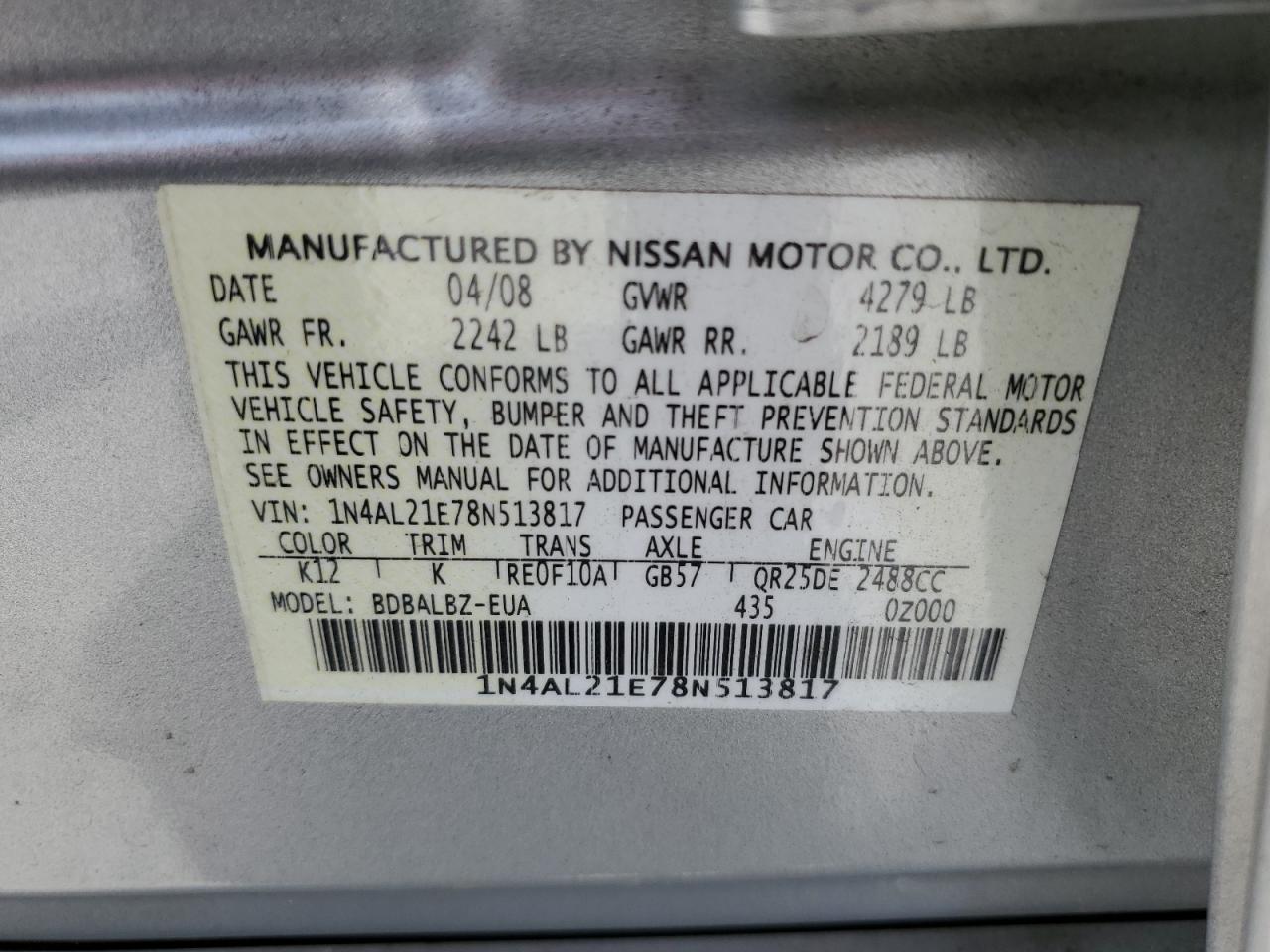 1N4AL21E78N513817 2008 Nissan Altima 2.5