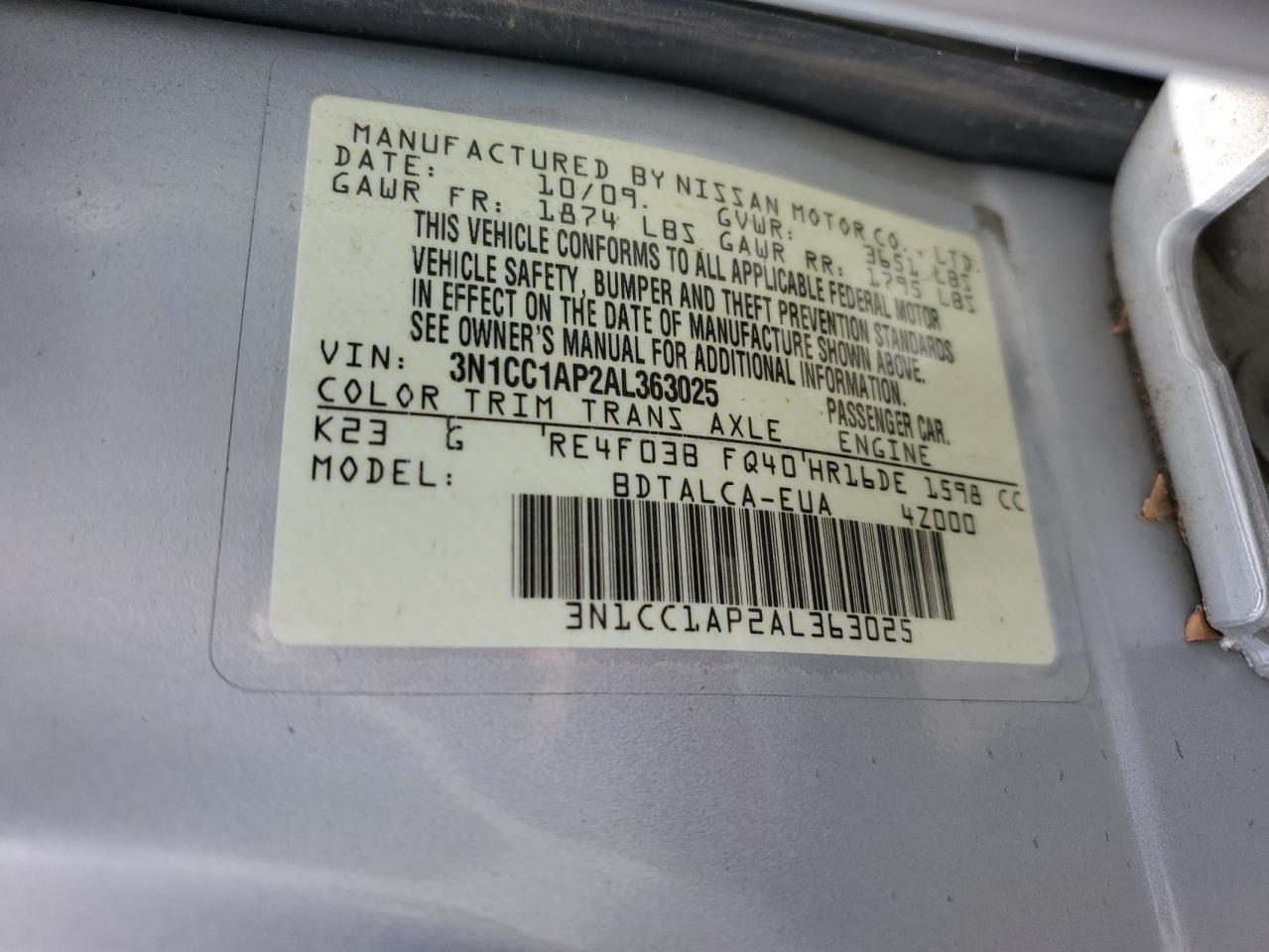 3N1CC1AP2AL363025 2010 Nissan Versa S