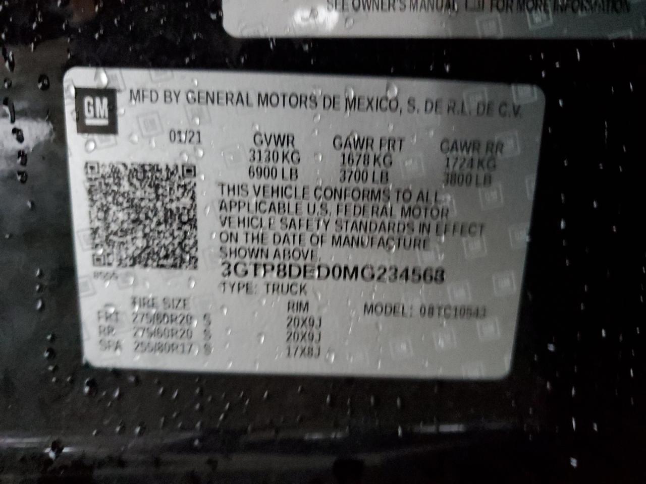 3GTP8DED0MG234568 2021 GMC Sierra C1500 Slt