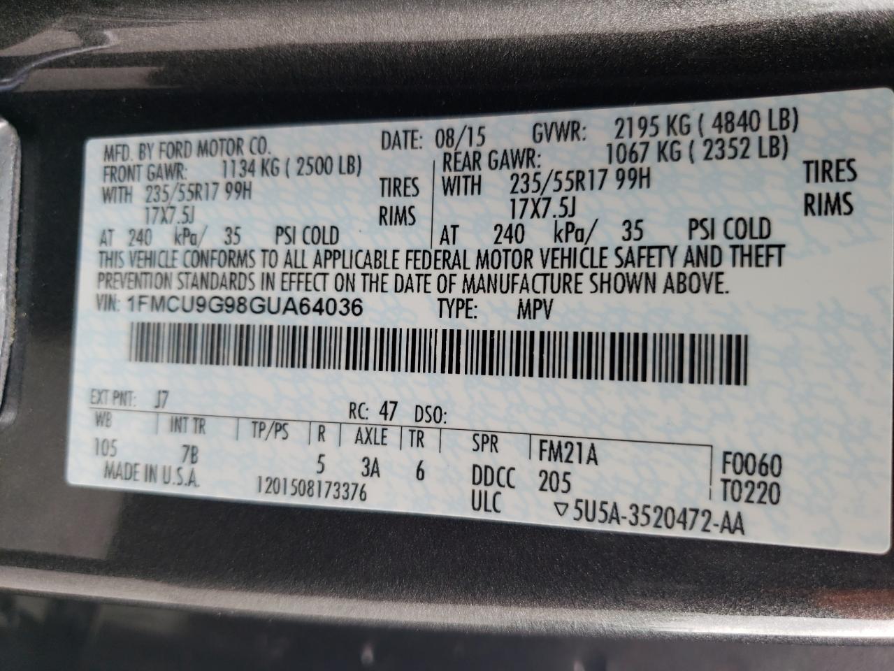 1FMCU9G98GUA64036 2016 Ford Escape Se