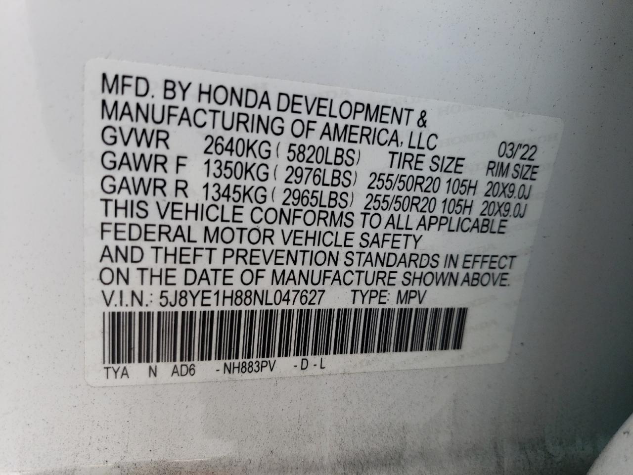 5J8YE1H88NL047627 2022 Acura Mdx Advance