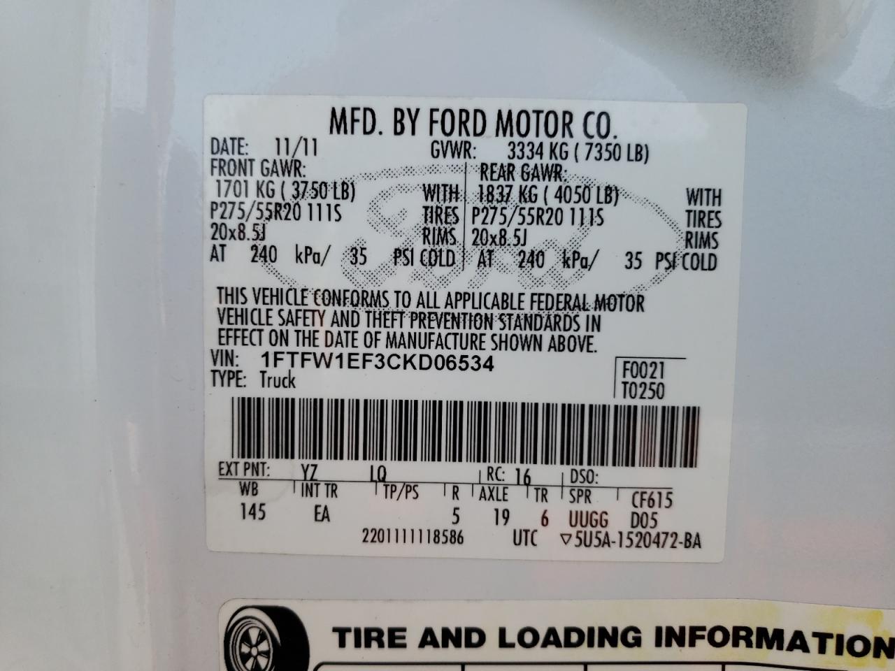 1FTFW1EF3CKD06534 2012 Ford F150 Supercrew