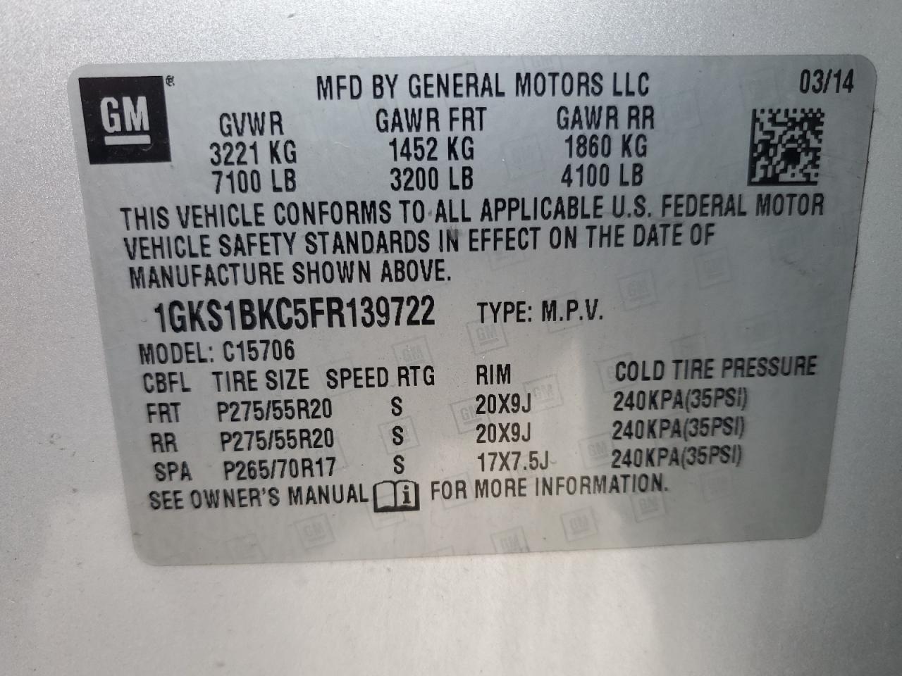 1GKS1BKC5FR139722 2015 GMC Yukon Slt