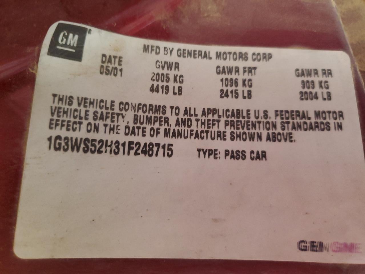 1G3WS52H31F248715 2001 Oldsmobile Intrigue Gl