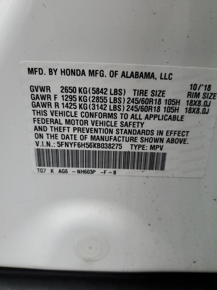 5FNYF6H56KB038275 2019 Honda Pilot Exl
