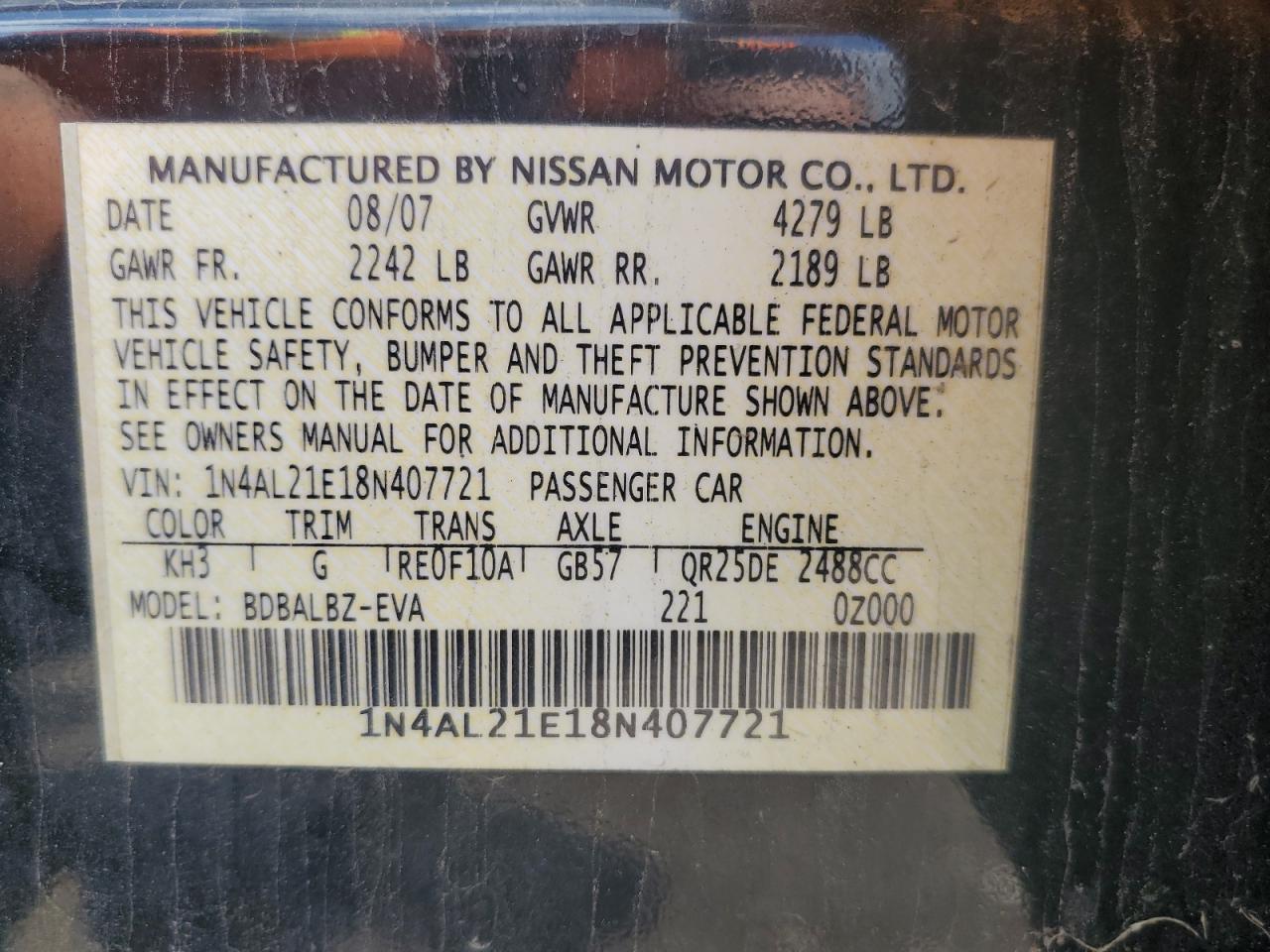 1N4AL21E18N407721 2008 Nissan Altima 2.5