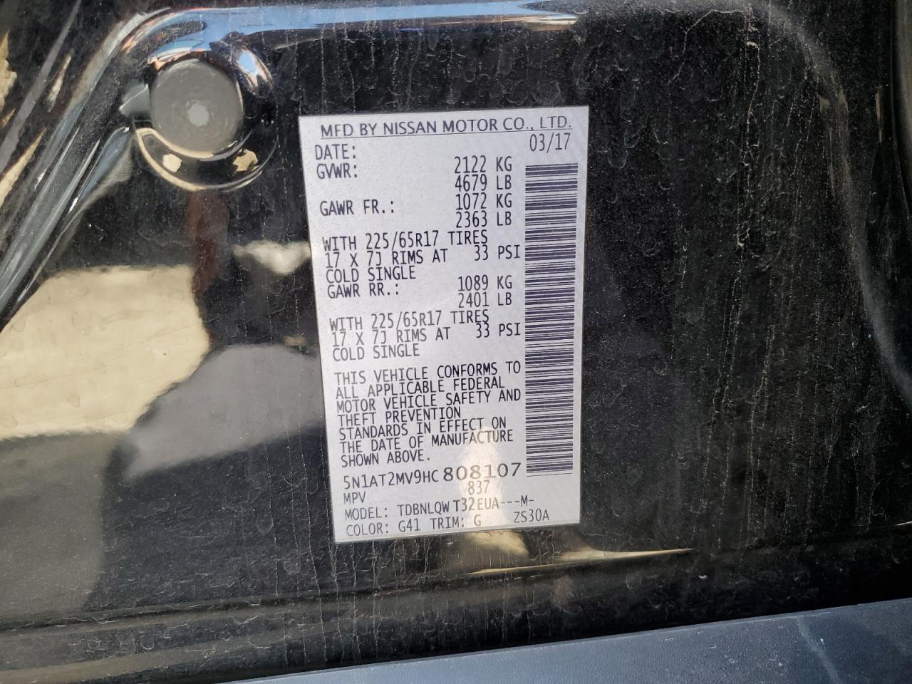 5N1AT2MV9HC808107 NISSAN ROGUE 2017