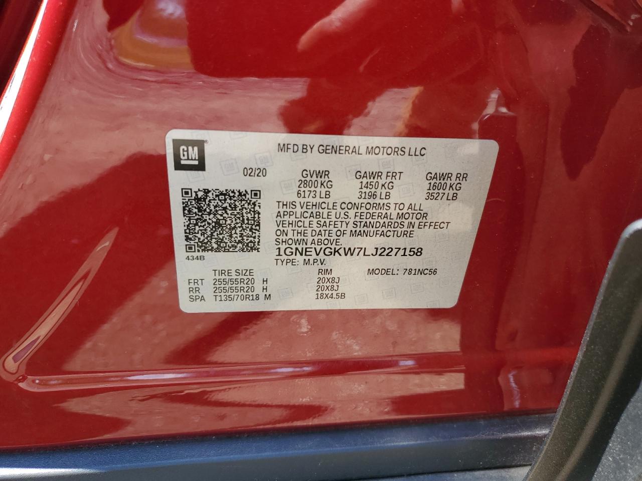 1GNEVGKW7LJ227158 2020 Chevrolet Traverse Lt