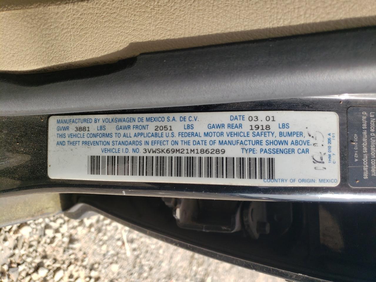 3VWSK69M21M186289 2001 Volkswagen Jetta Gls