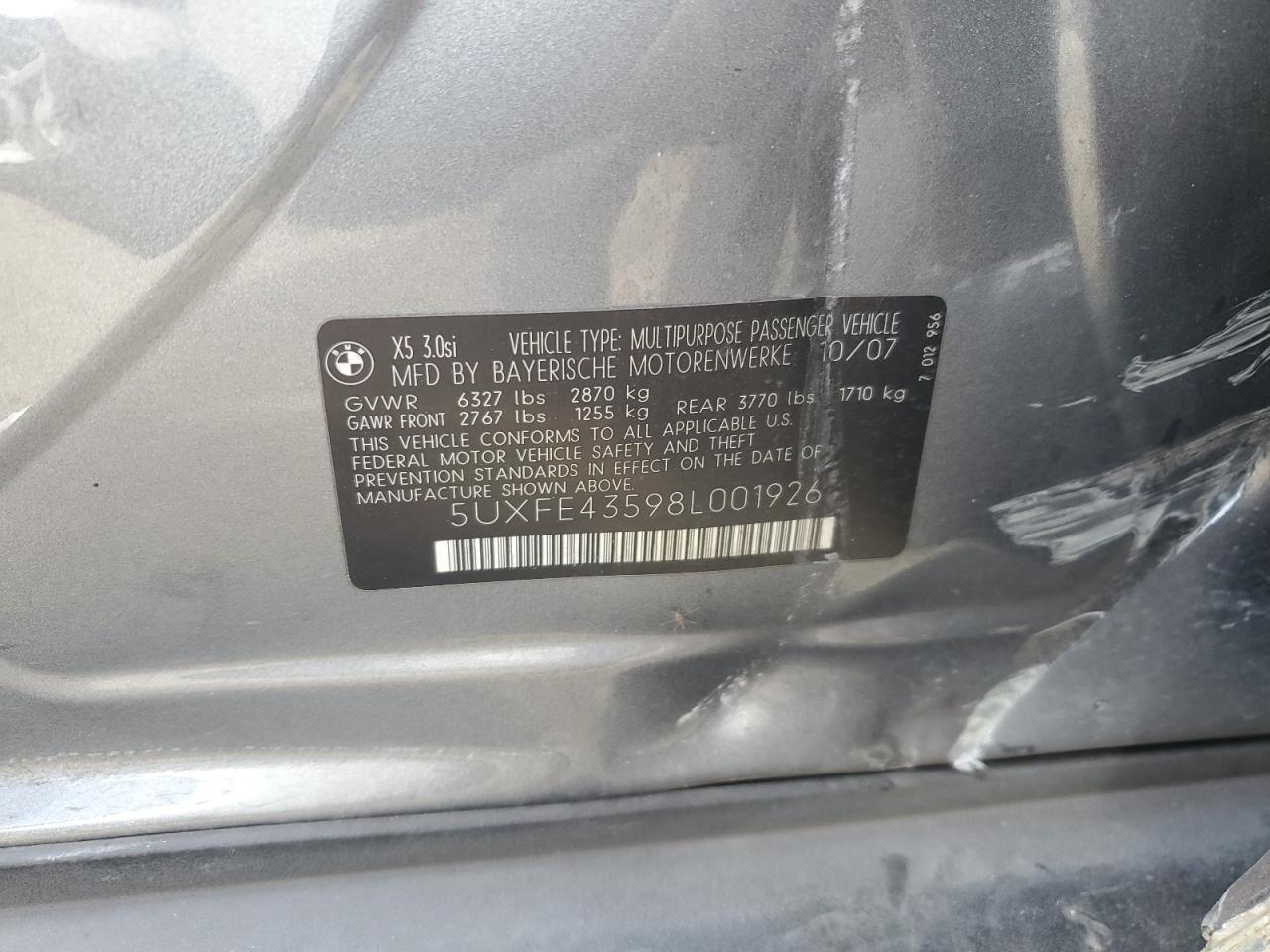 5UXFE43598L001926 2008 BMW X5 3.0I