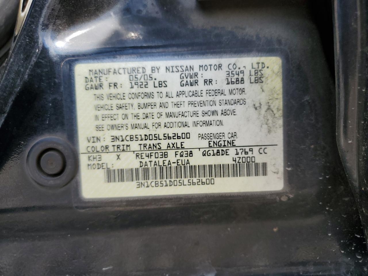 3N1CB51D05L562600 2005 Nissan Sentra 1.8