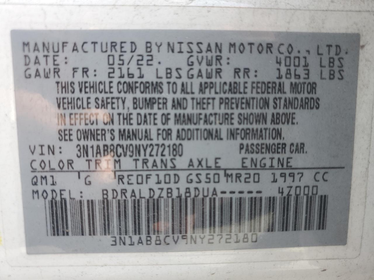 3N1AB8CV9NY272180 2022 Nissan Sentra Sv