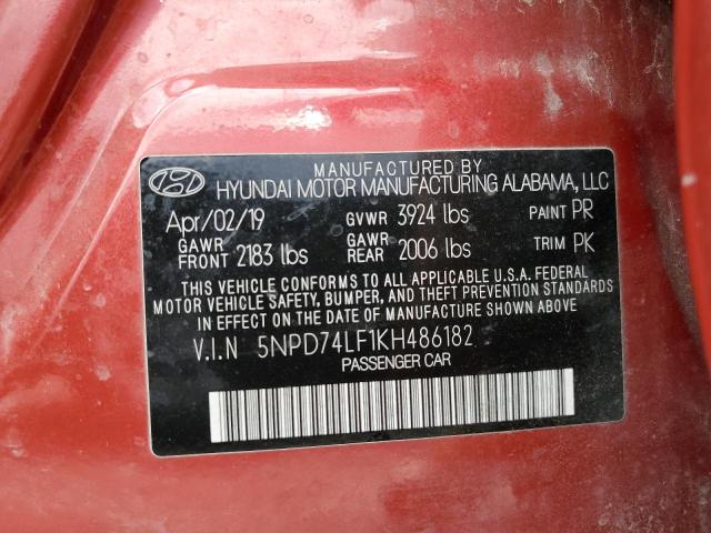 2019 Hyundai Elantra Se VIN: 5NPD74LF1KH486182 Lot: 55833254