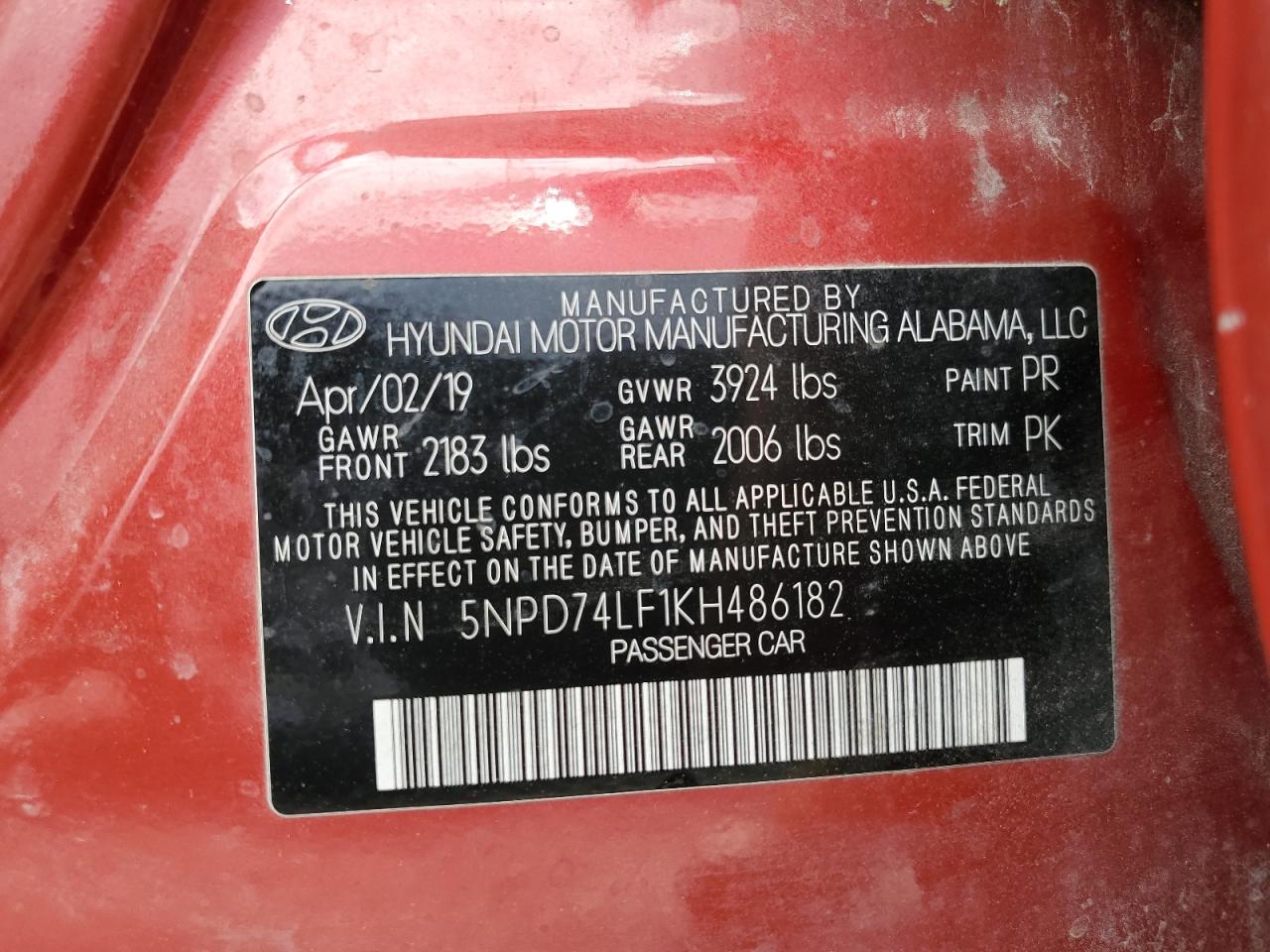 5NPD74LF1KH486182 2019 Hyundai Elantra Se