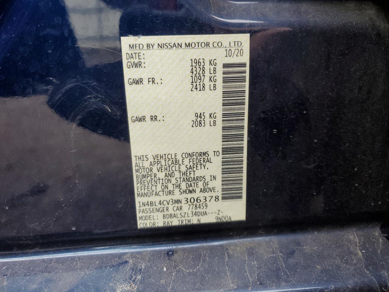 1N4BL4CV3MN306378 2021 Nissan Altima Sr