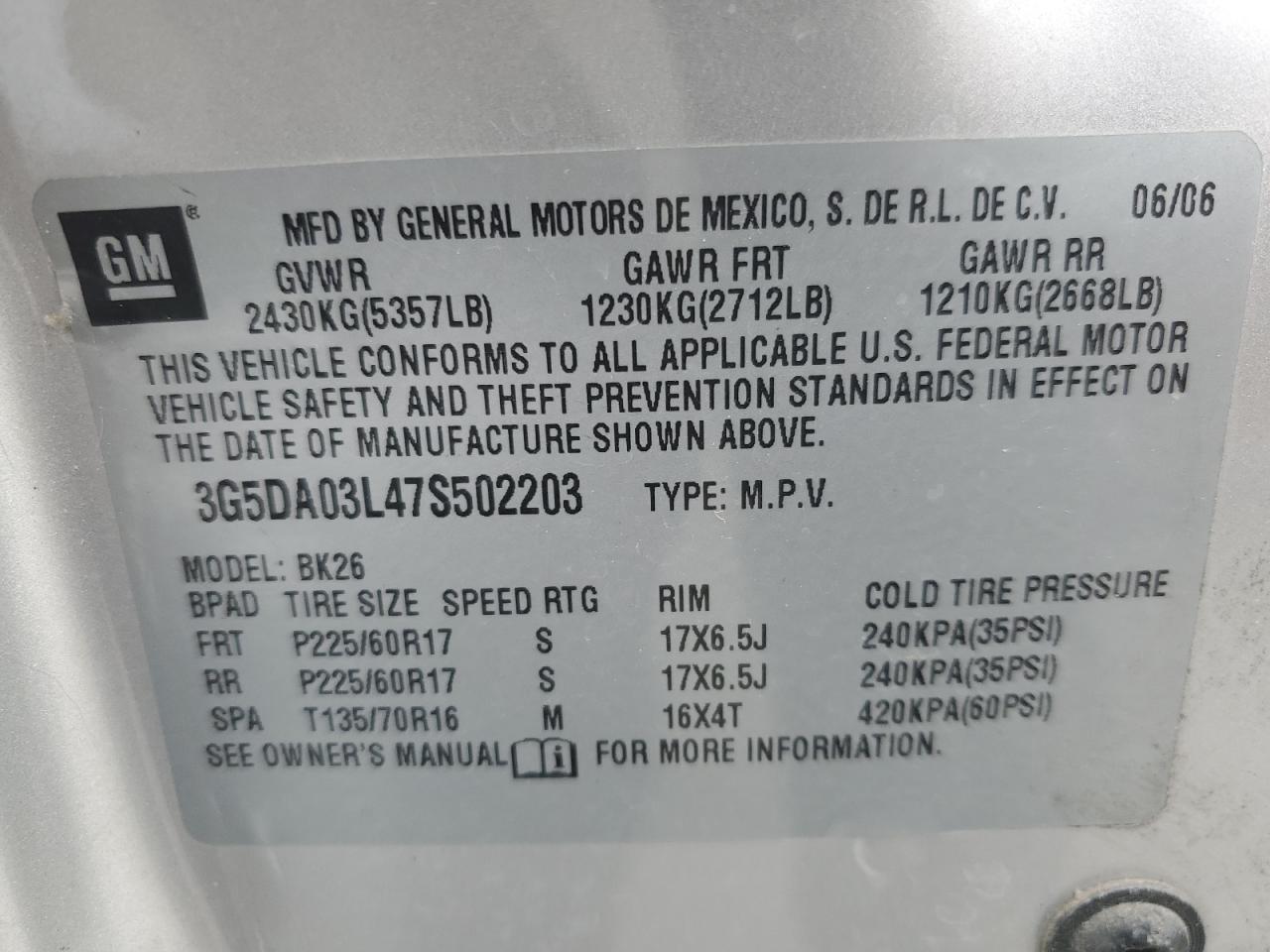 3G5DA03L47S502203 2007 Buick Rendezvous Cx