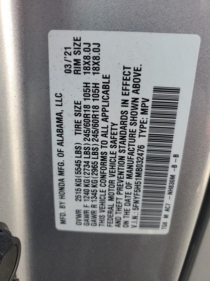 5FNYF5H51MB032476 2021 Honda Pilot Exl