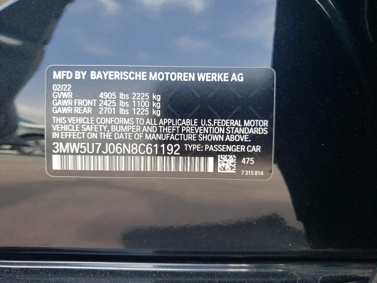 2022 BMW M340I vin: 3MW5U7J06N8C61192