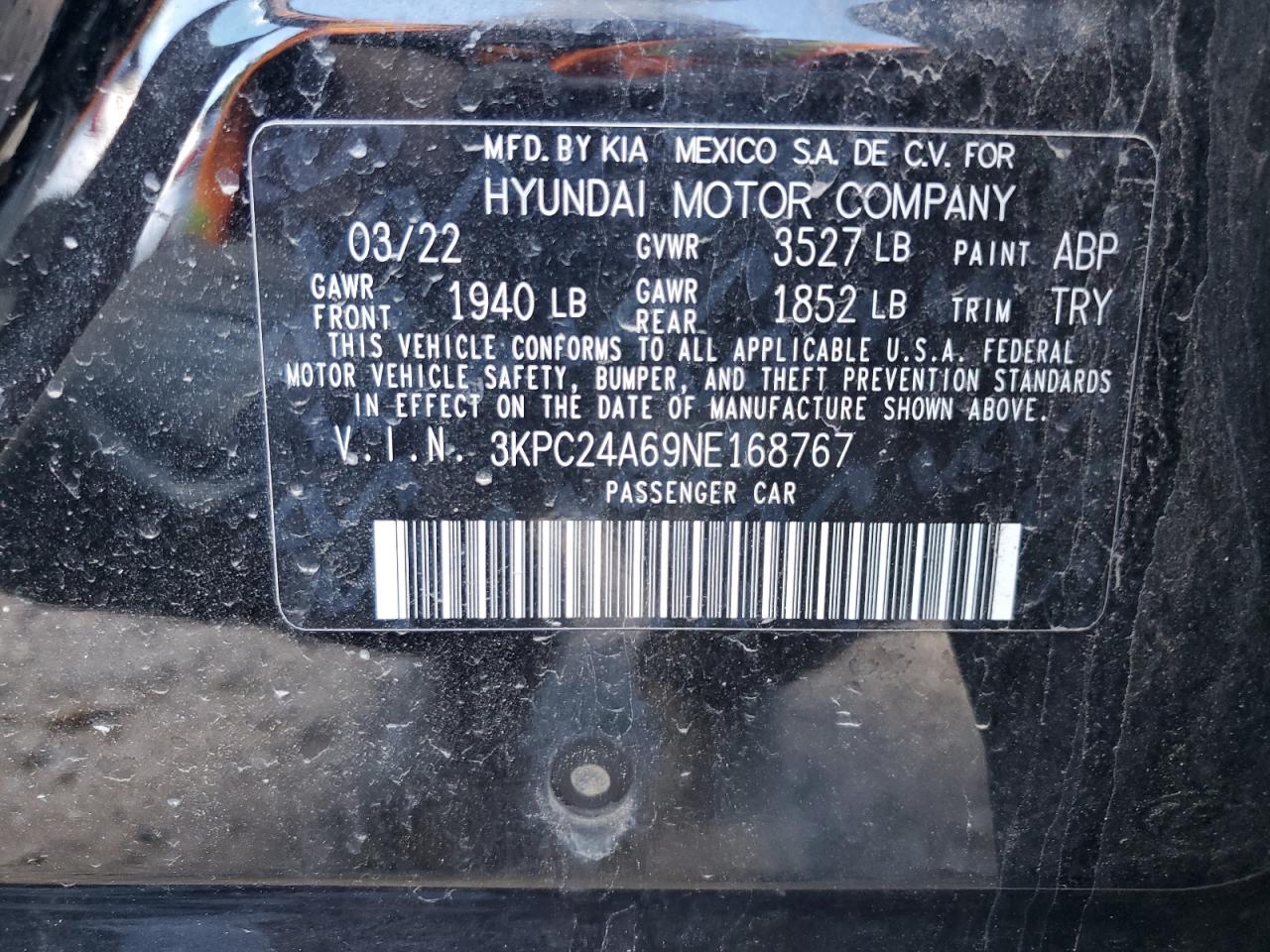 3KPC24A69NE168767 2022 Hyundai Accent Se