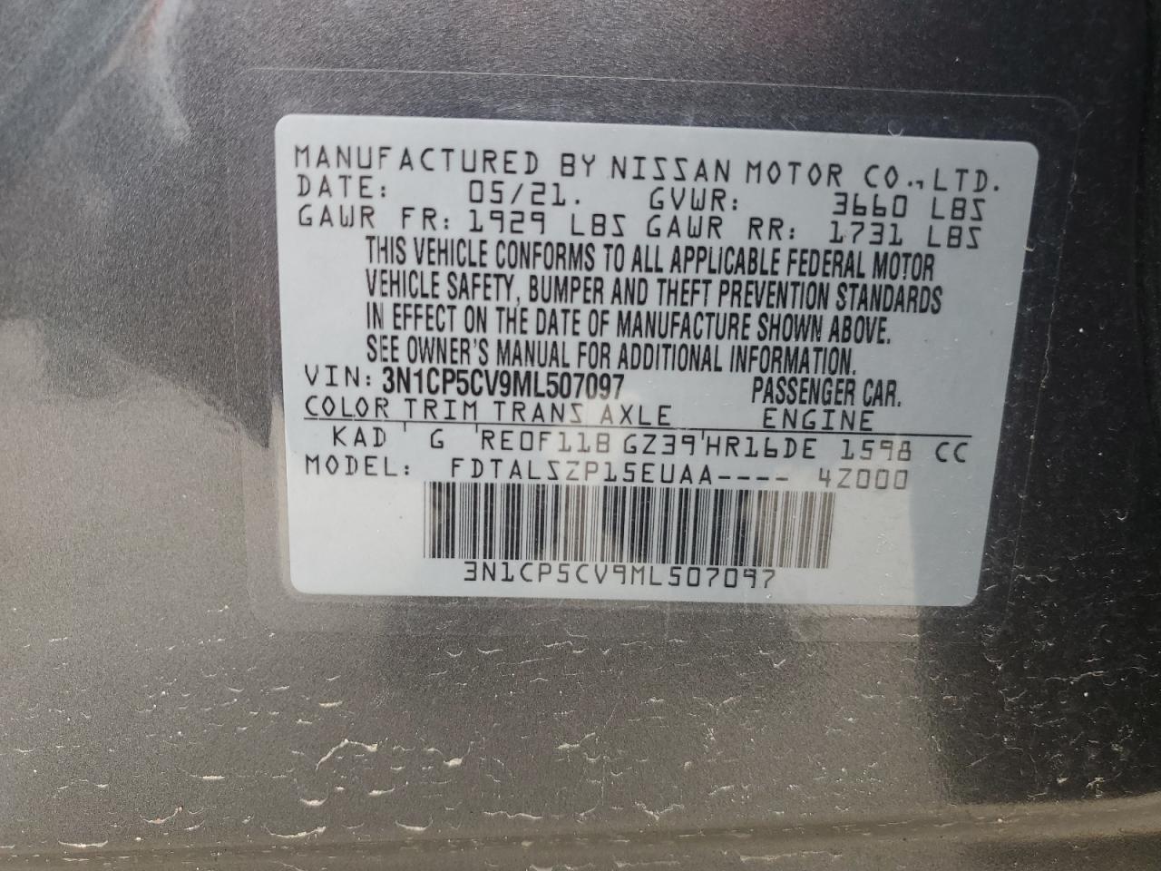 3N1CP5CV9ML507097 2021 Nissan Kicks Sv