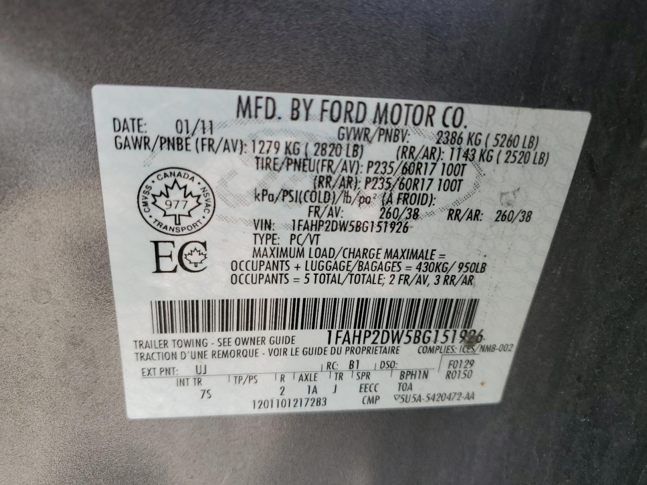 1FAHP2DW5BG151926 2011 Ford Taurus Se