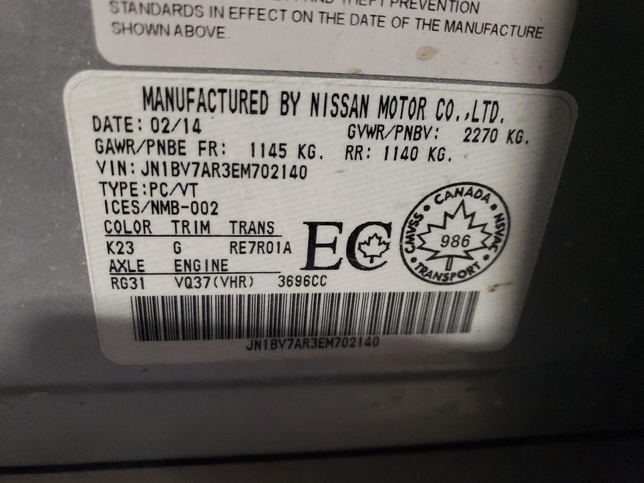 JN1BV7AR3EM702140 2014 Infiniti Q50 Base