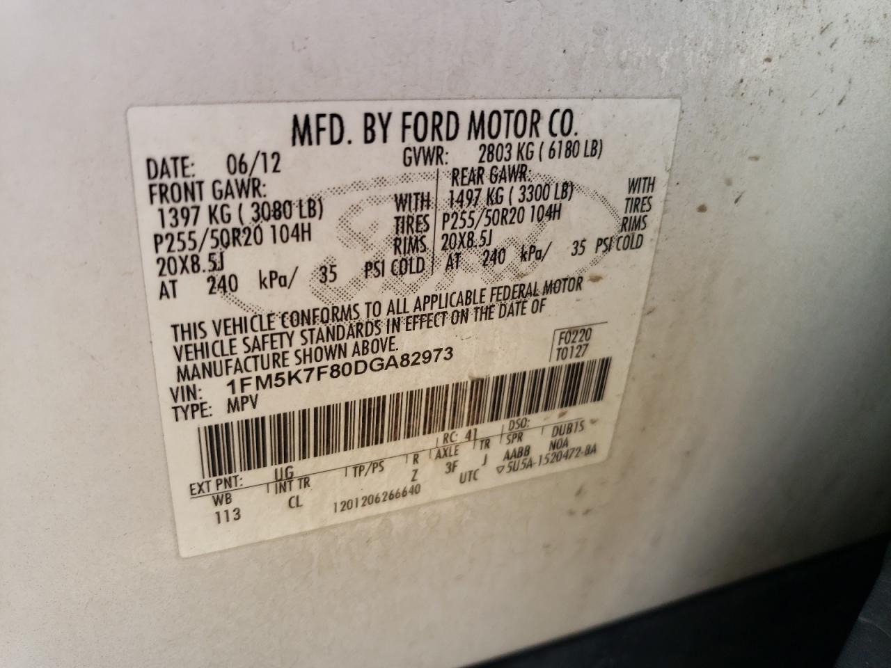 1FM5K7F80DGA82973 2013 Ford Explorer Limited