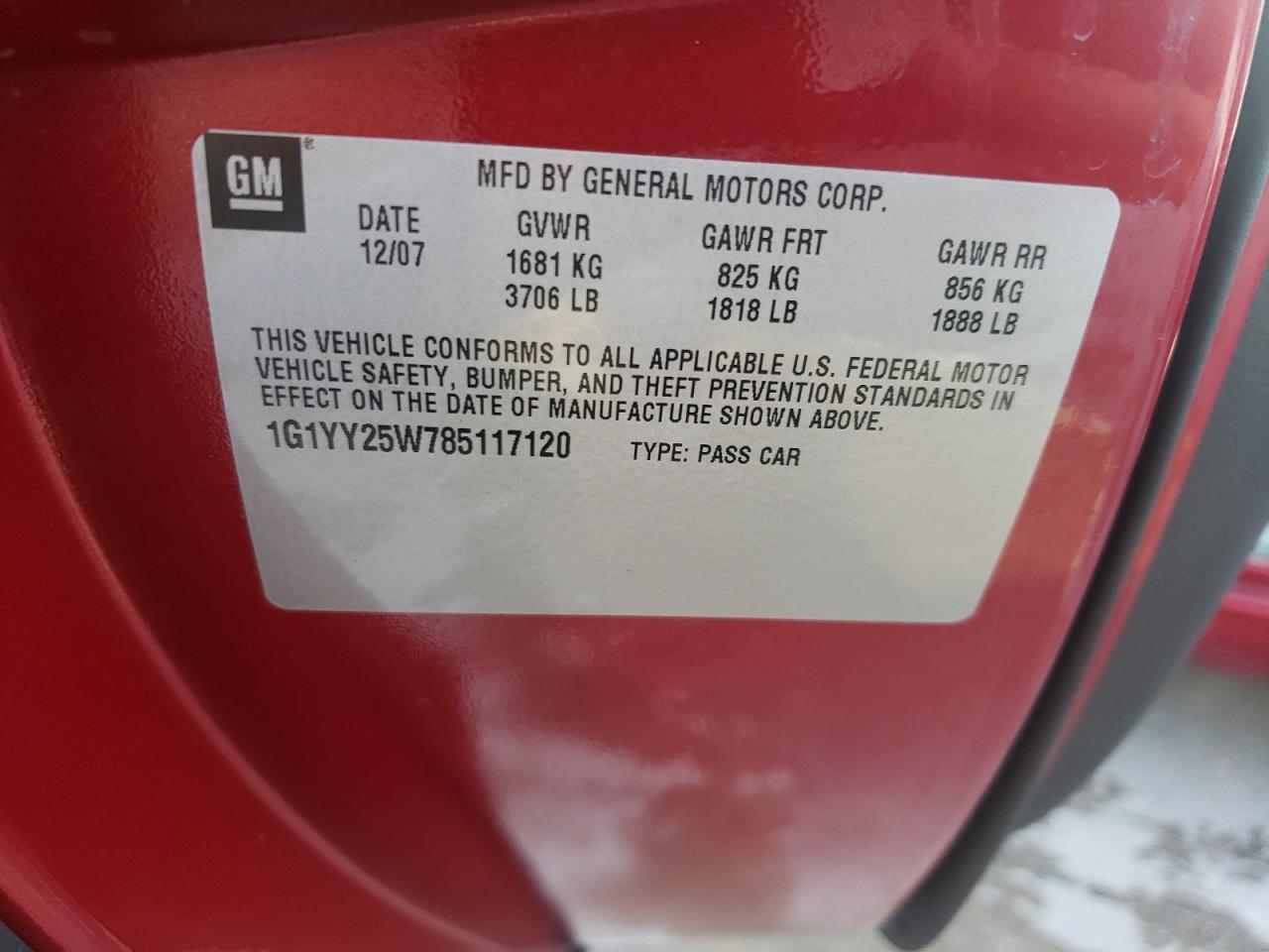 1G1YY25W785117120 2008 Chevrolet Corvette