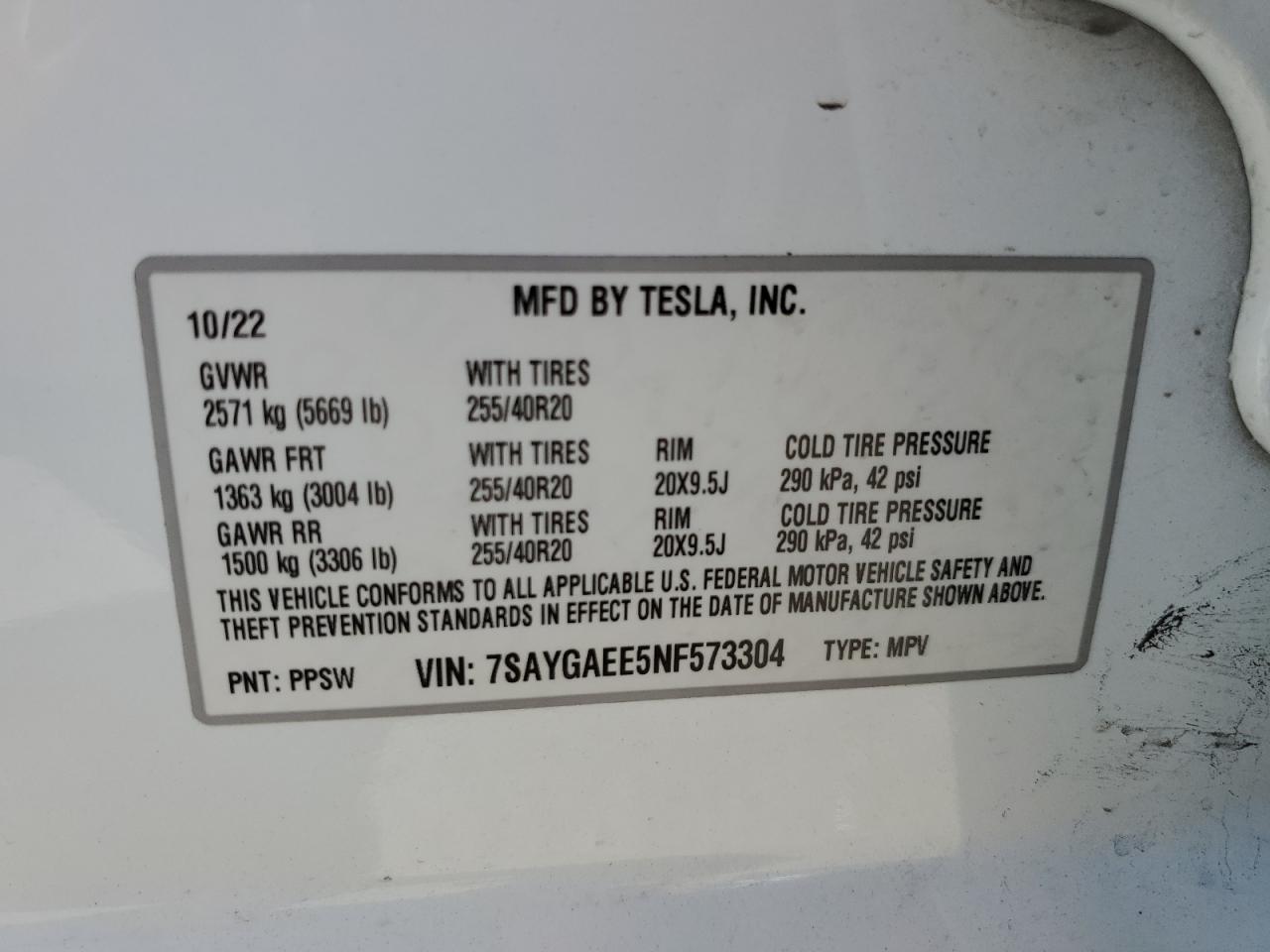 7SAYGAEE5NF573304 2022 Tesla Model Y