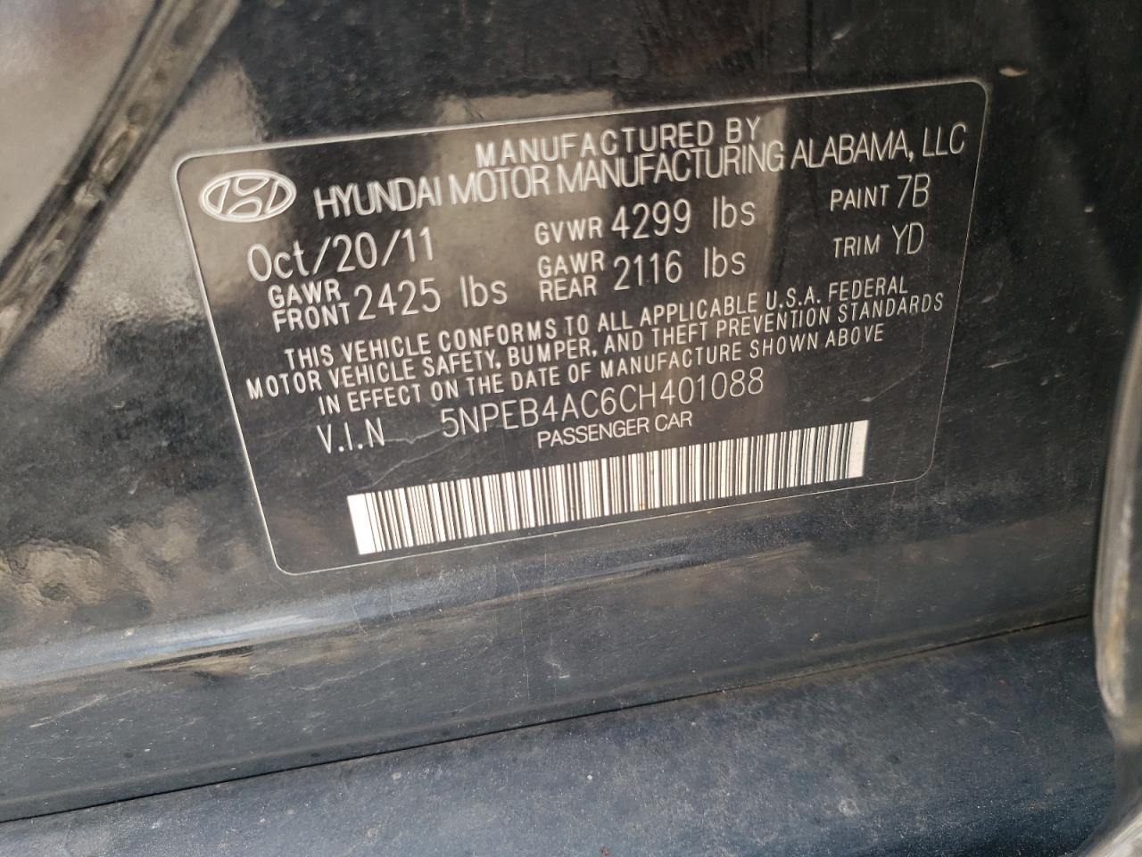 5NPEB4AC6CH401088 2012 Hyundai Sonata Gls