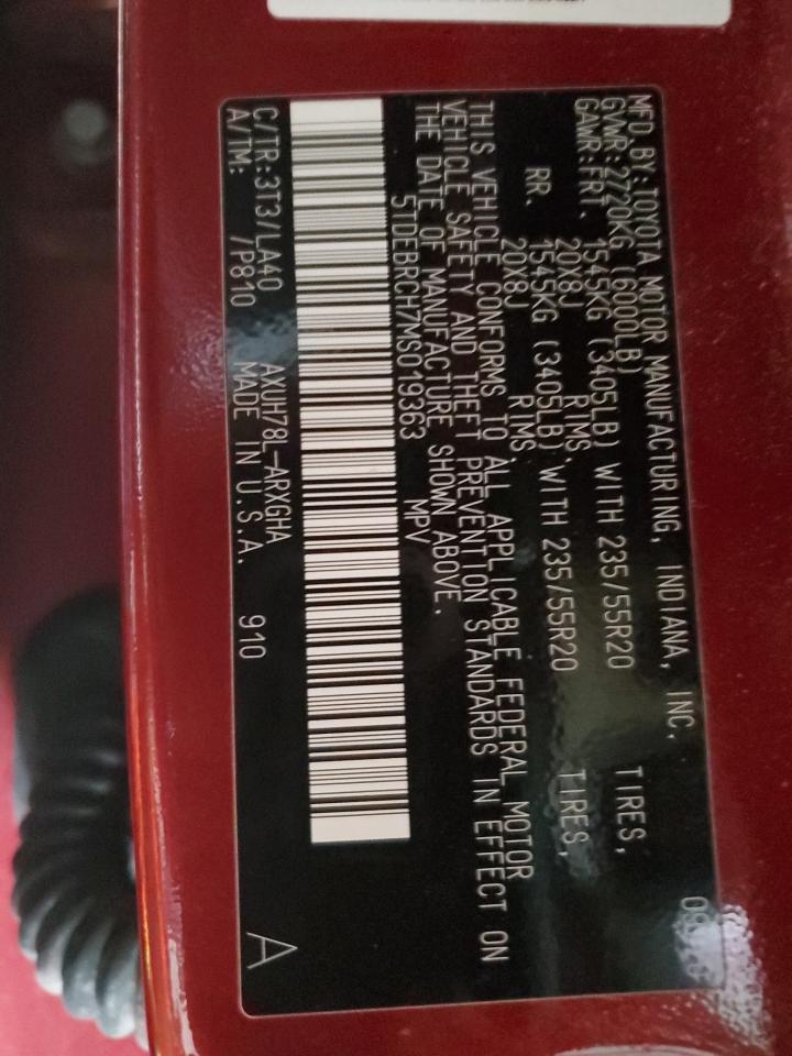 5TDEBRCH7MS019363 2021 Toyota Highlander Hybrid Platinum