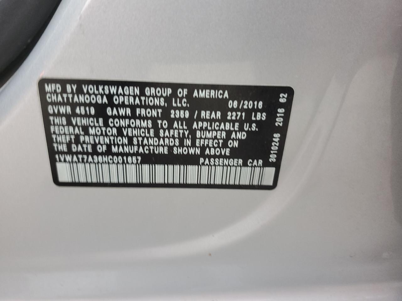 1VWAT7A36HC001657 2017 Volkswagen Passat S