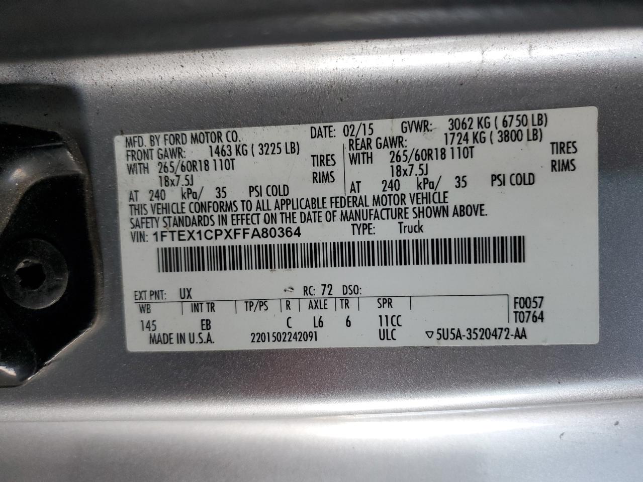 1FTEX1CPXFFA80364 2015 Ford F150 Super Cab