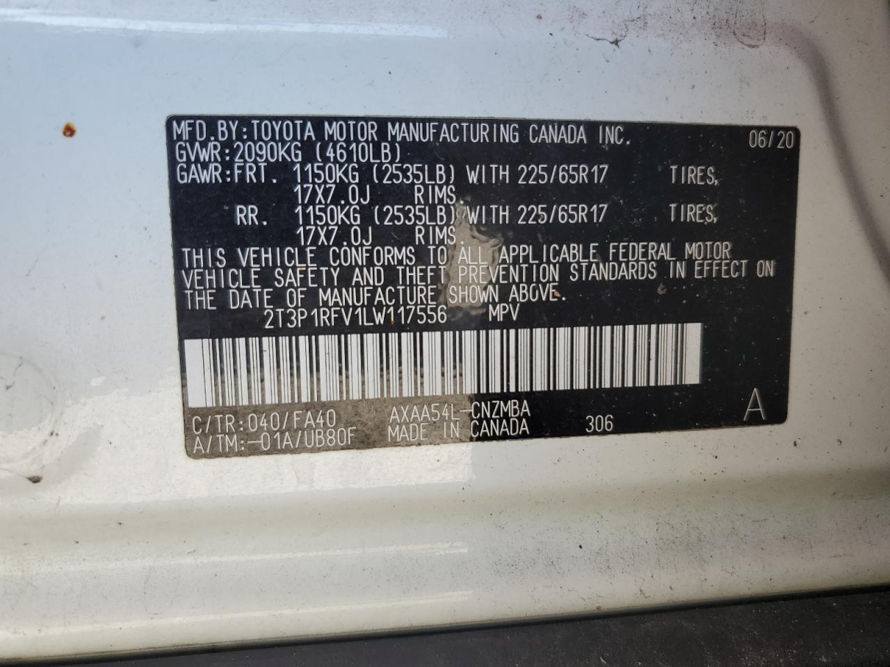 2T3P1RFV1LW117556 2020 Toyota Rav4 Xle