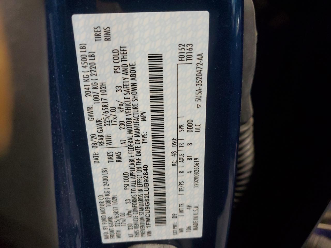 1FMCU9G62LUB92840 FORD ESCAPE 2020