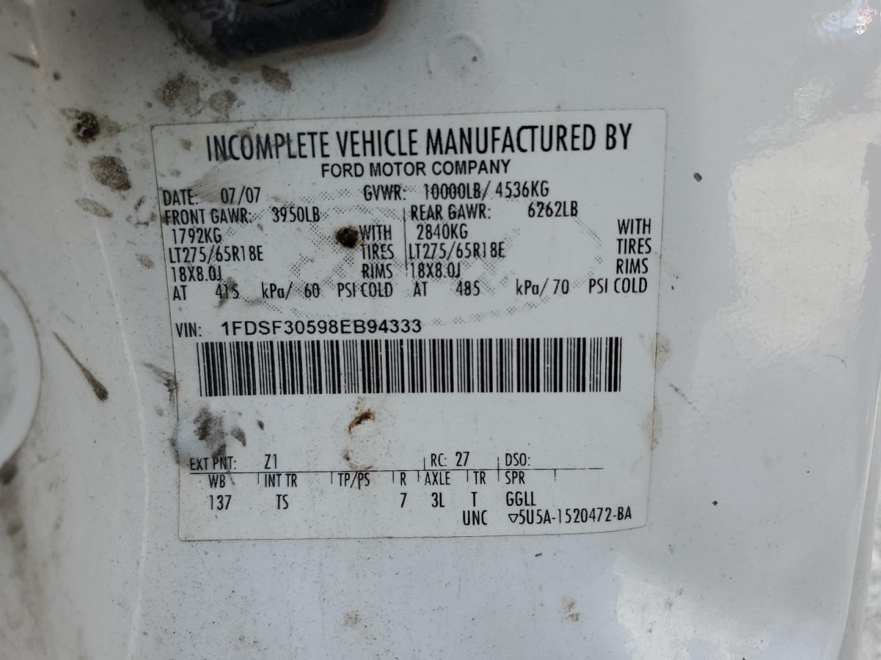 1FDSF30598EB94333 2008 Ford F350 Srw Super Duty