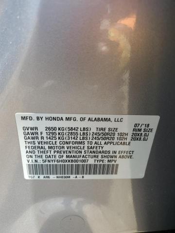 2019 Honda Pilot Elite VIN: 5FNYF6H0XKB001007 Lot: 55072944