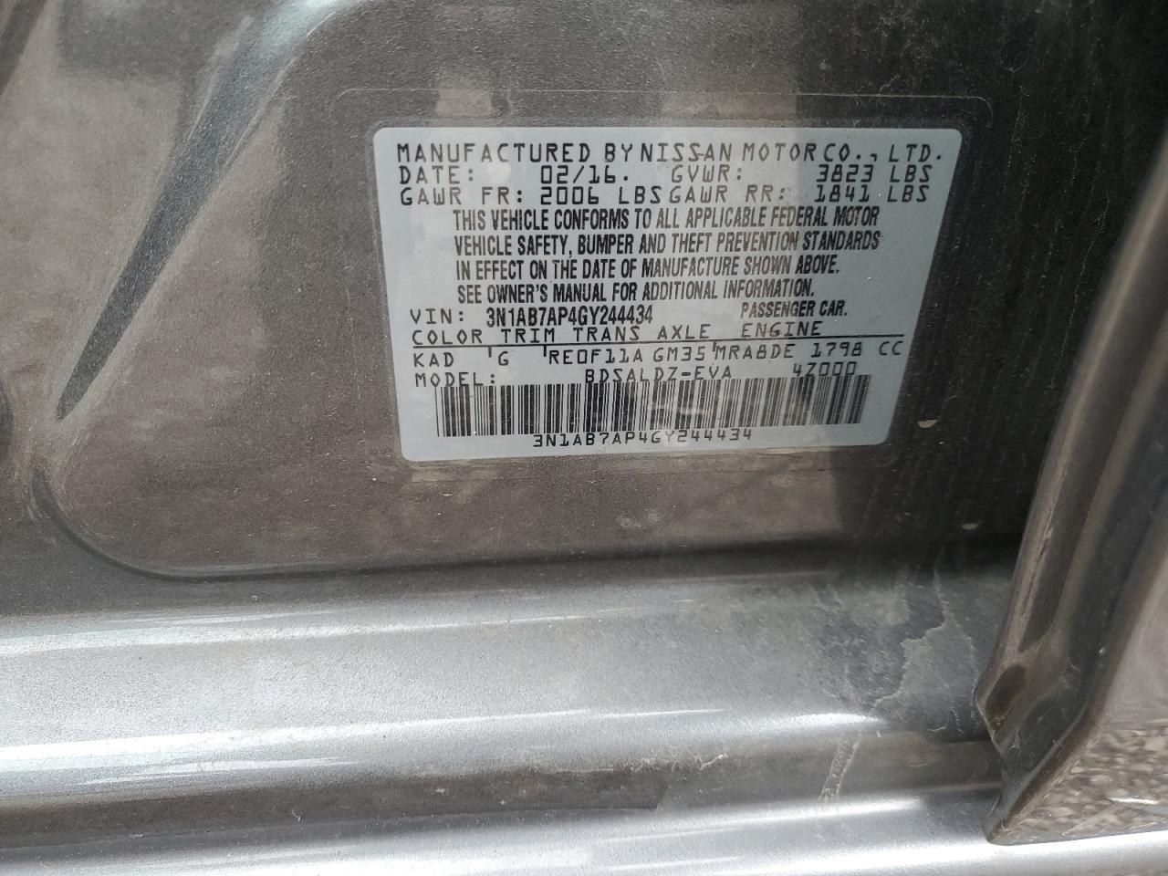 3N1AB7AP4GY244434 2016 Nissan Sentra S