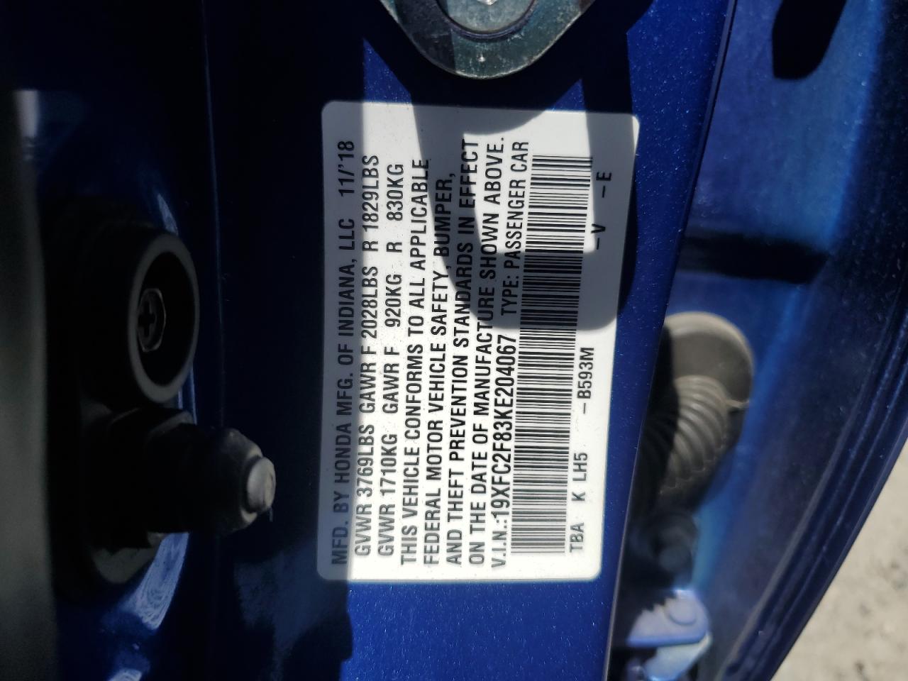 19XFC2F83KE204067 2019 Honda Civic Sport