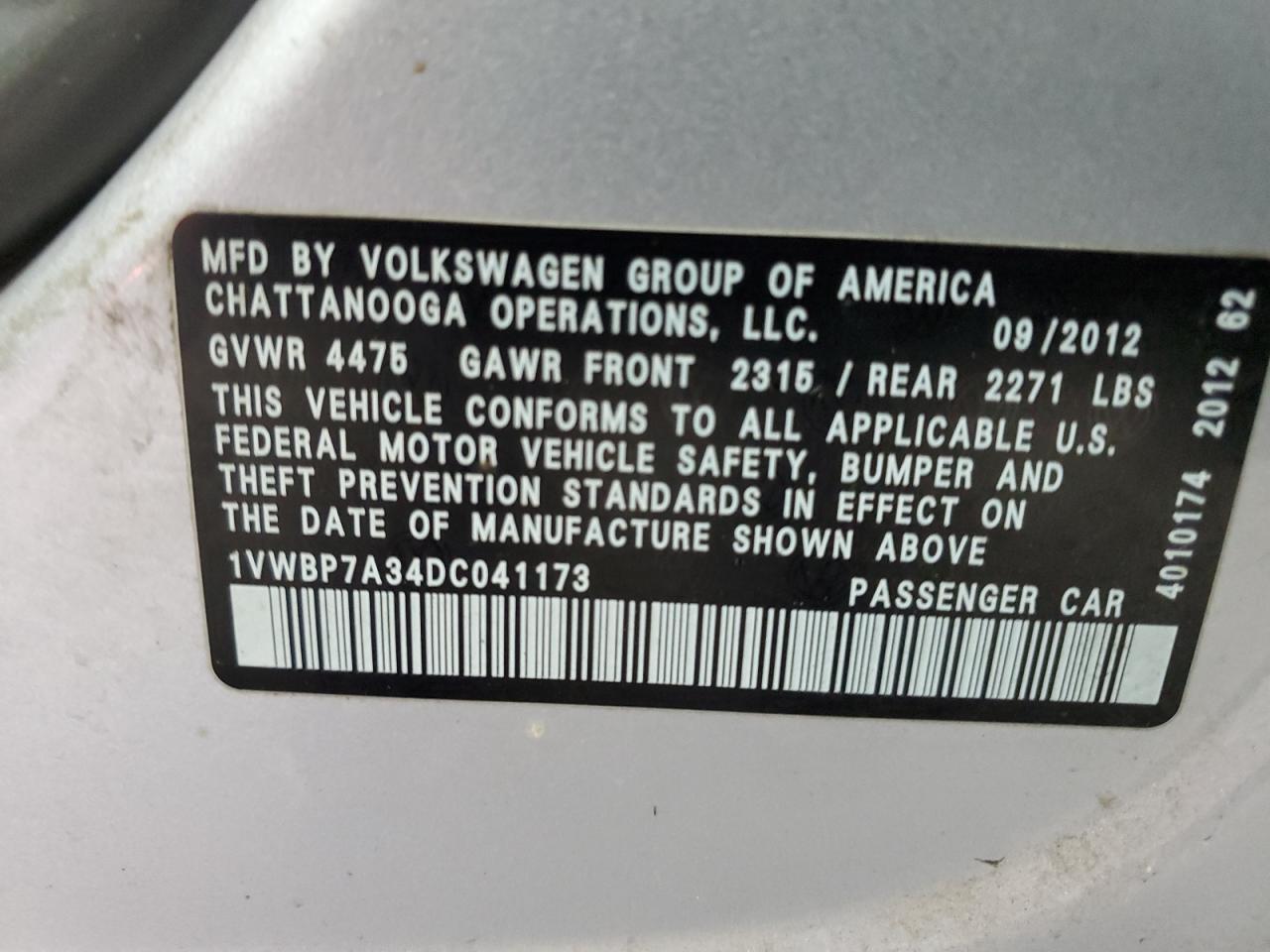 1VWBP7A34DC041173 2013 Volkswagen Passat Se