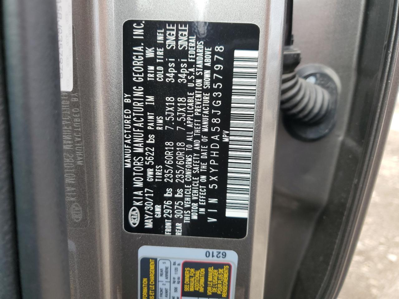 5XYPHDA58JG357978 2018 Kia Sorento Ex