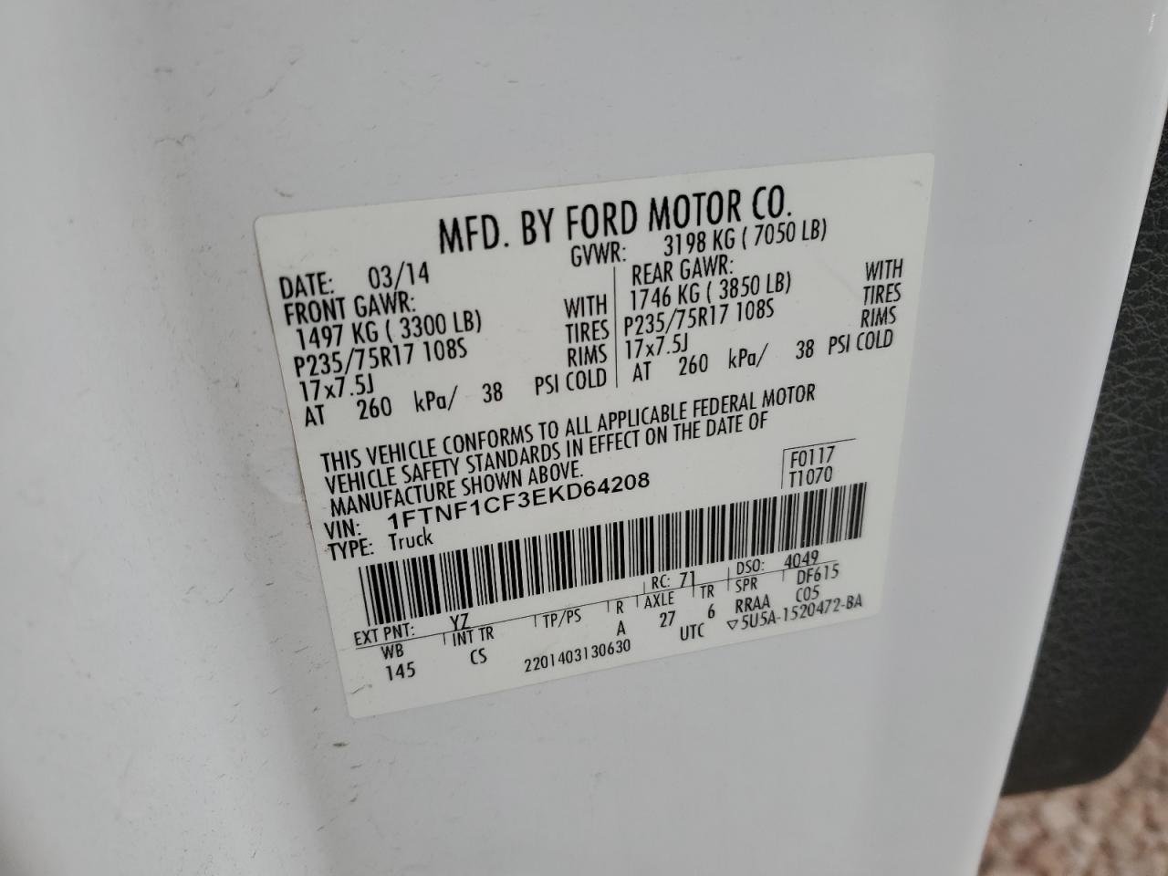 1FTNF1CF3EKD64208 2014 Ford F150