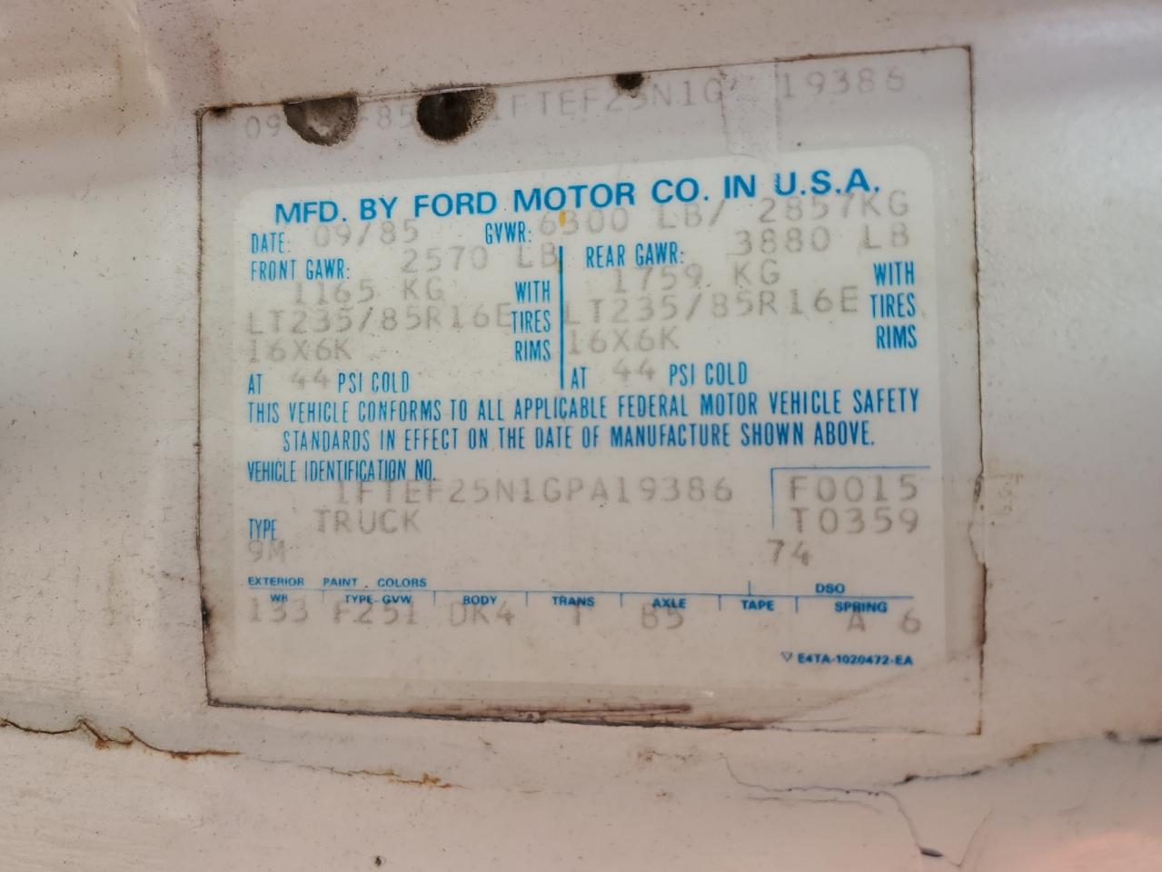 1FTEF25N1GPA19386 1986 Ford F250