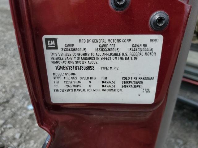 2001 Chevrolet Tahoe K1500 VIN: 1GNEK13T81J308693 Lot: 53006234