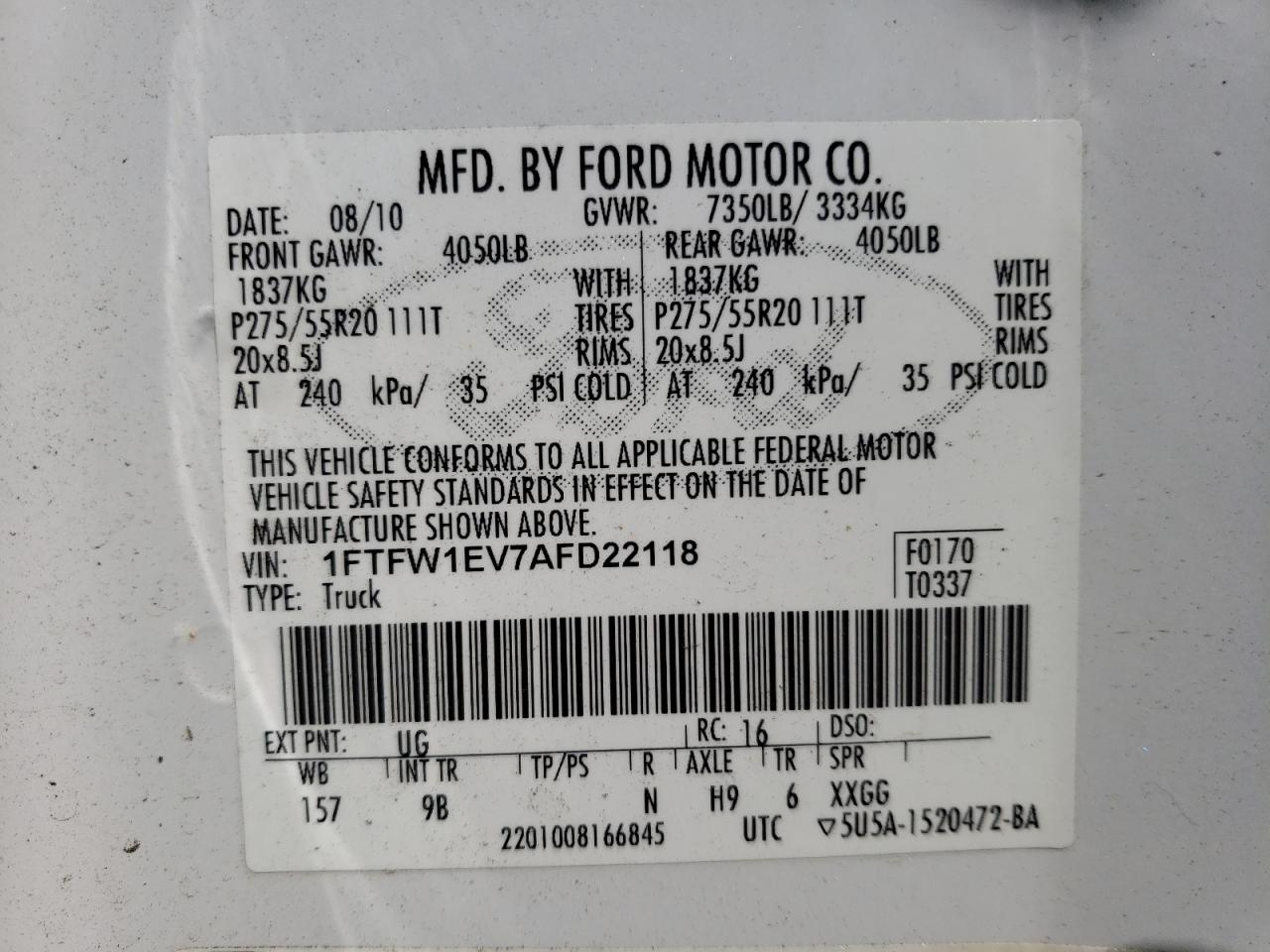 1FTFW1EV7AFD22118 2010 Ford F150 Supercrew